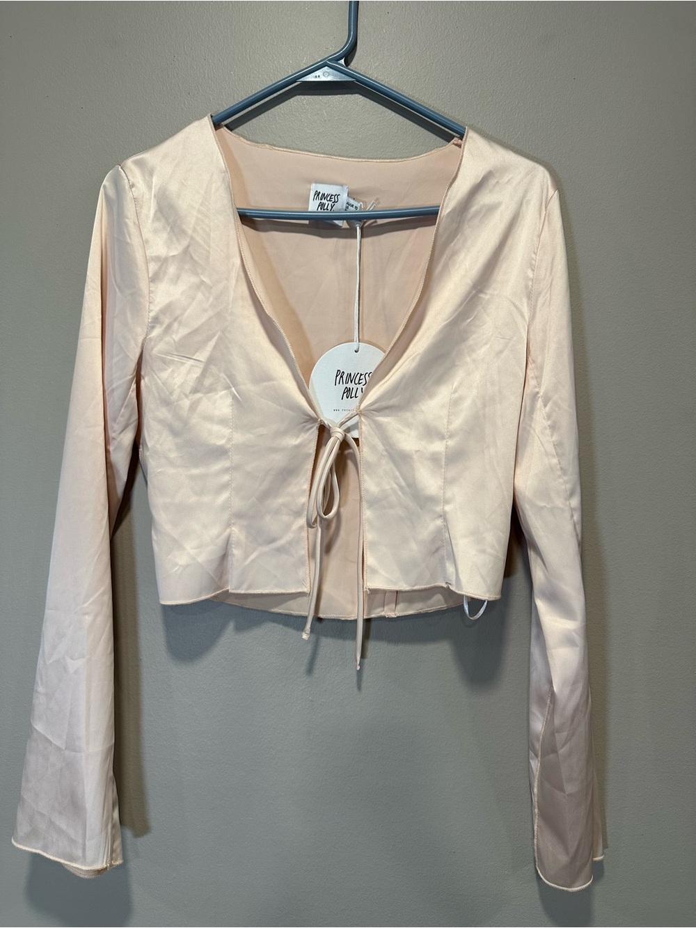Princess Polly Arley Satin Long Sleeve Tie Front Crop Top Champagne NWT Size 6